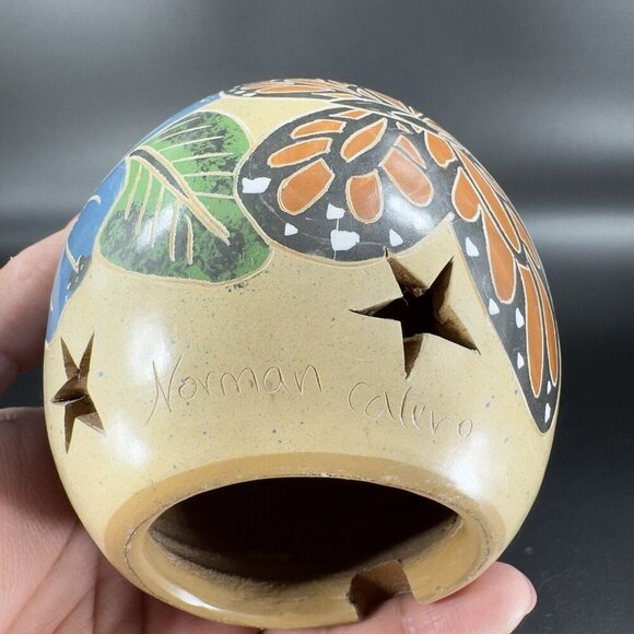 Hand Crafted Pottery Luminary Tea Light Holder Norman Calero Flower Butterfly - Picture 10 of 16